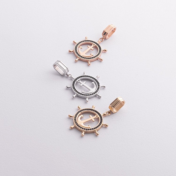 Кулон "Якір" з чорними фіанітами (біле золото) п02745 від ювелірного магазину Онікс - 2