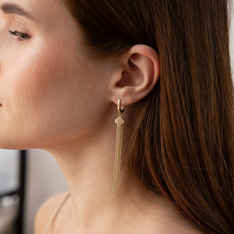 Серьги "Клевер" с цепочками (желтое золото) с09409 от ювелирного магазина Оникс - 2