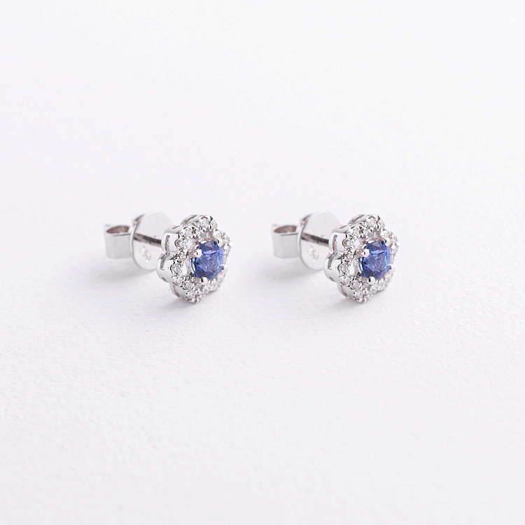 Золотые серьги - пусеты "Цветочки" с бриллиантами и сапфирами сб0670ca от ювелирного магазина Оникс - 1