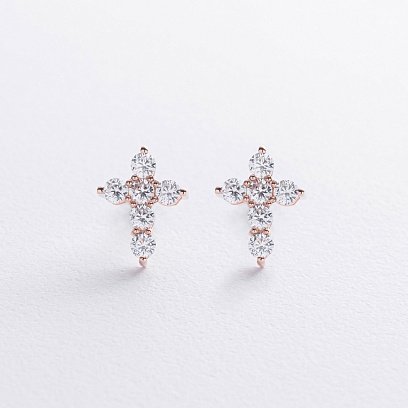 Сережки - пусети "Хрестики" у червоному золоті (фіаніти) с09048