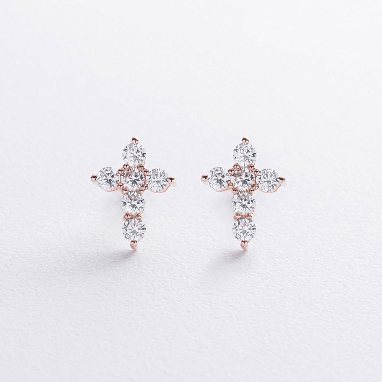 Сережки - пусети "Хрестики" у червоному золоті (фіаніти) с09048 від ювелірного магазину Онікс