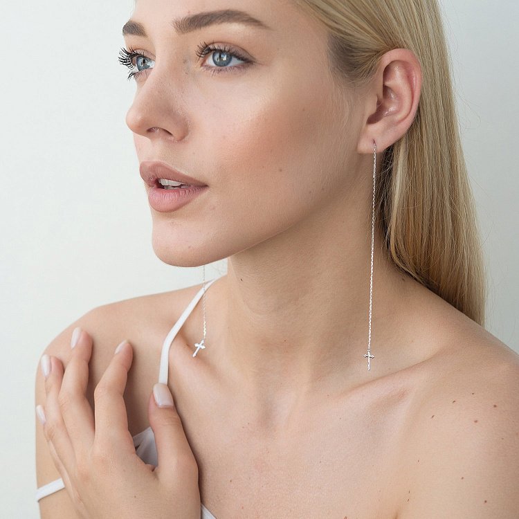 Золотые серьги - протяжки "Крестики" с05242 от ювелирного магазина Оникс - 5