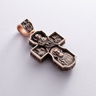 Золотий хрест "Господь. Архангели Михаїл та Гавриїл. Ангел Хранитель. Святитель Миколай. Сергій Радонезький" з ебеновим деревом 980з №8