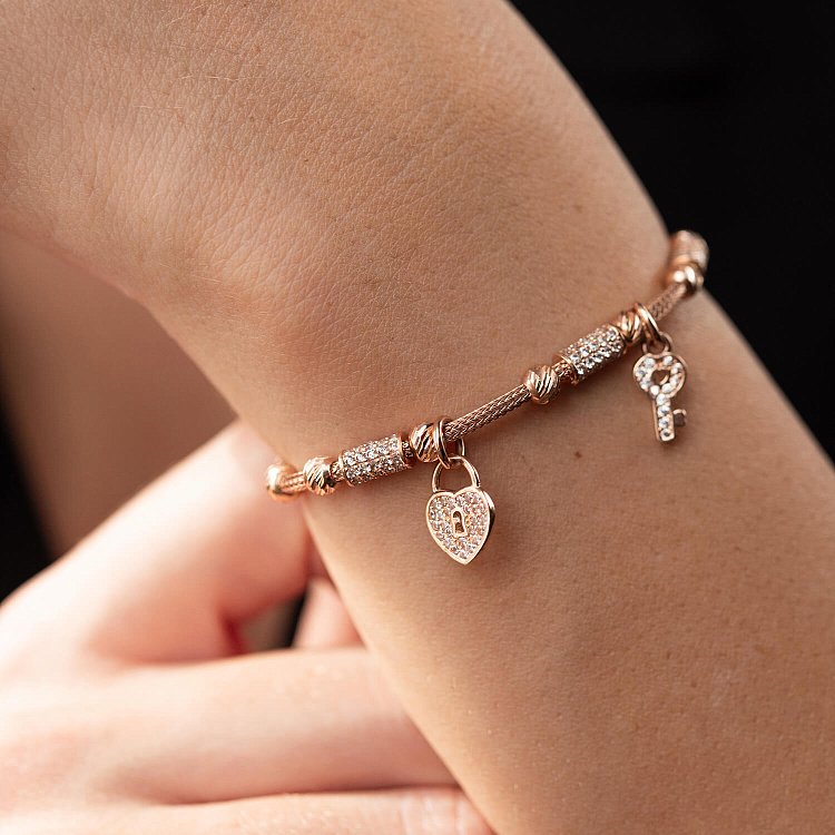 Золотой браслет "Сердечко с ключиком" (фианит) б04007 от ювелирного магазина Оникс - 7