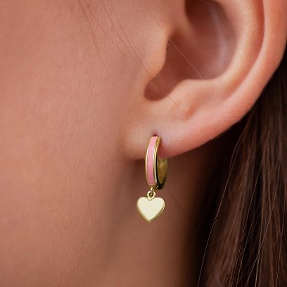 Дитячі золоті сережки "Сердечки" з рожевою емаллю с08115 №2