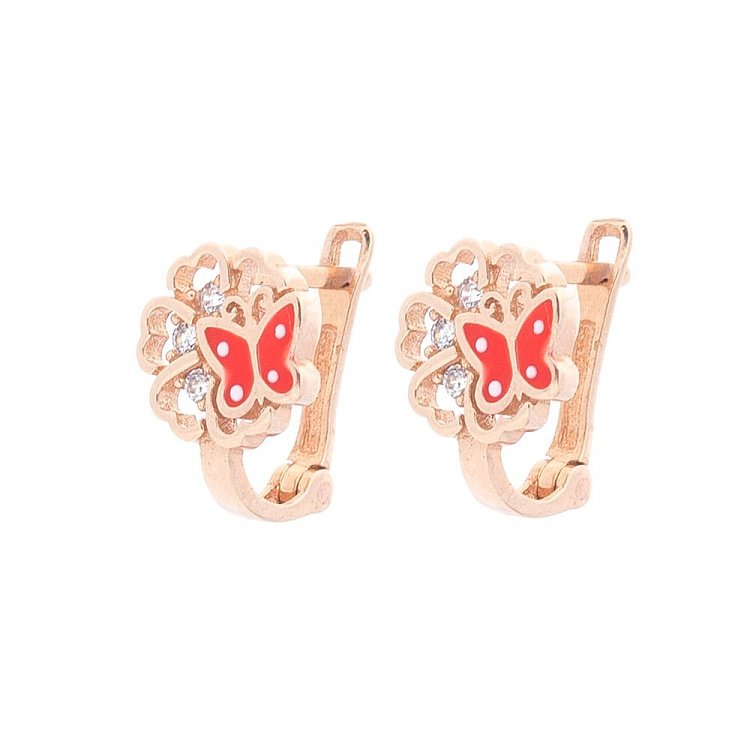 Золотые детские серьги "Бабочка и Цветочек" с эмалью и фианитами с03981к от ювелирного магазина Оникс - 1