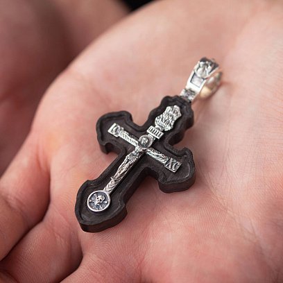 Серебряный крест "Распятие. Спаси и Сохрани" с эбеновым деревом 631 №3