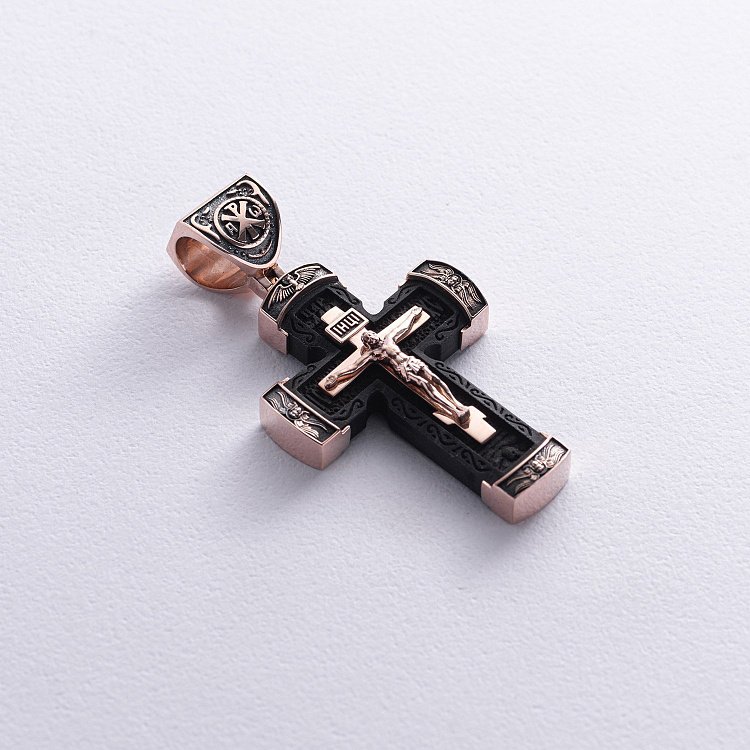 Золотой крест "Распятие. Спаси и Сохрани" (на укр. языке) с эбеновым деревом mini 1075ч от ювелирного магазина Оникс - 5