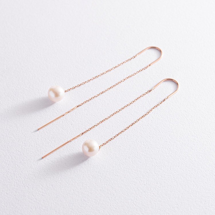 Золоті сережки - протяжки з перлами 580035 від ювелірного магазину Онікс - 2