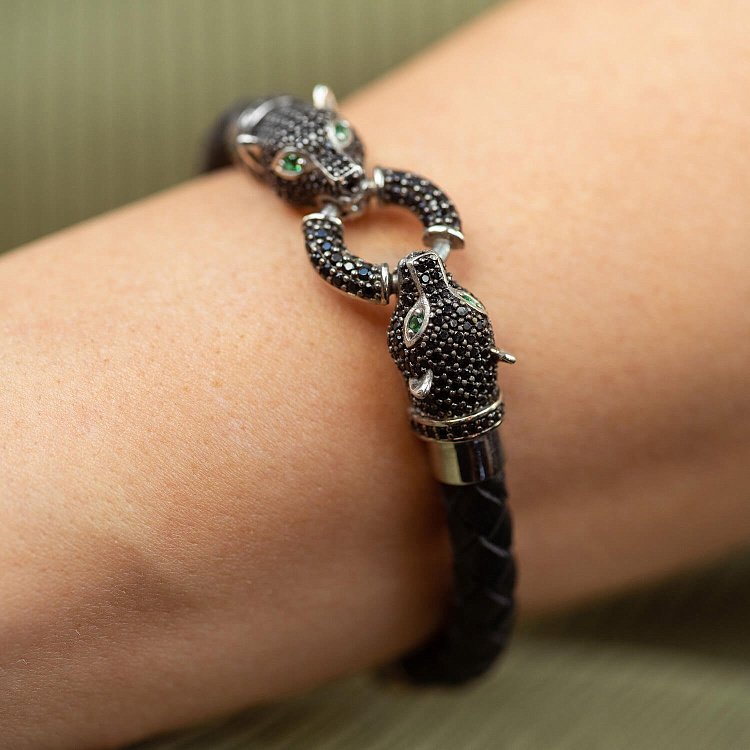 Серебряный браслет "Пантера" с фианитами (кожа) 565L от ювелирного магазина Оникс - 3