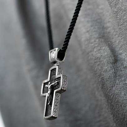 Срібний хрест "Розп'яття. Спаси і Збережи" з ебеновим деревом mini 1053 №2