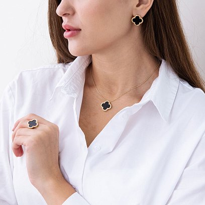 Золота каблучка "Конюшина" з оніксом к06750 №2