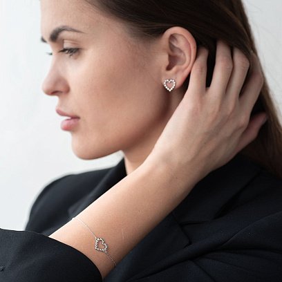 Серьги-пусеты "Влюбленные сердца" в белом золоте с06897 №6