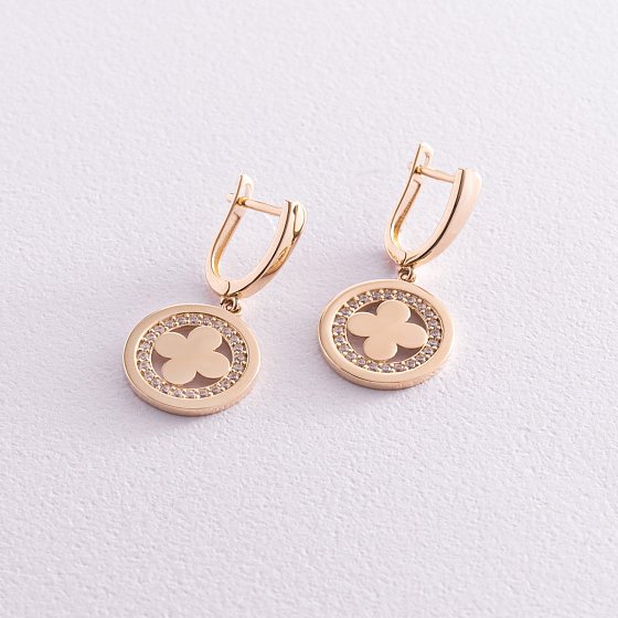 Сережки "Конюшина" в жовтому золоті (білі фіаніти) с07684