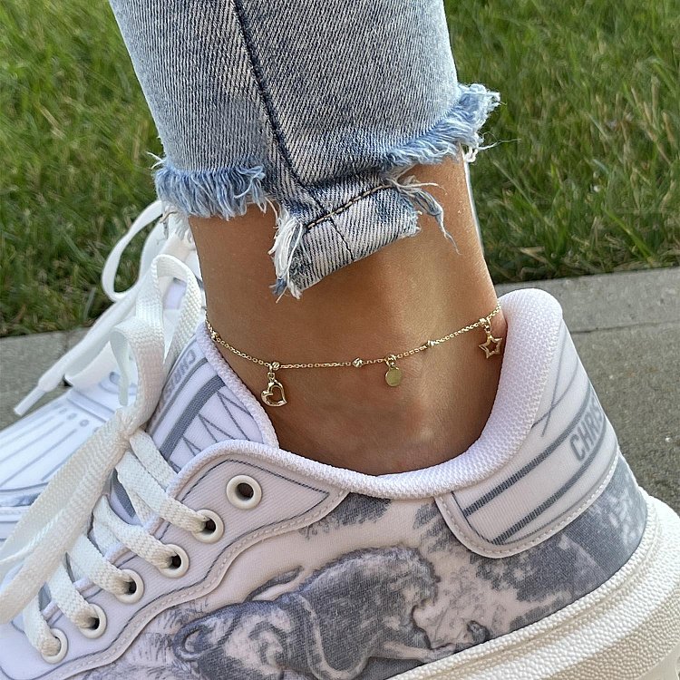 Золотой браслет "Сердечко и звездочка" на ногу б04878 от ювелирного магазина Оникс - 6