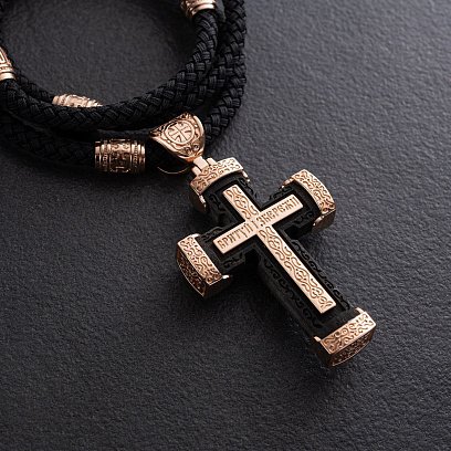 Мужской православный крест из эбенового дерева и золота "Распятие. Спаси и Сохрани" (на шнурке) кол02244 №3