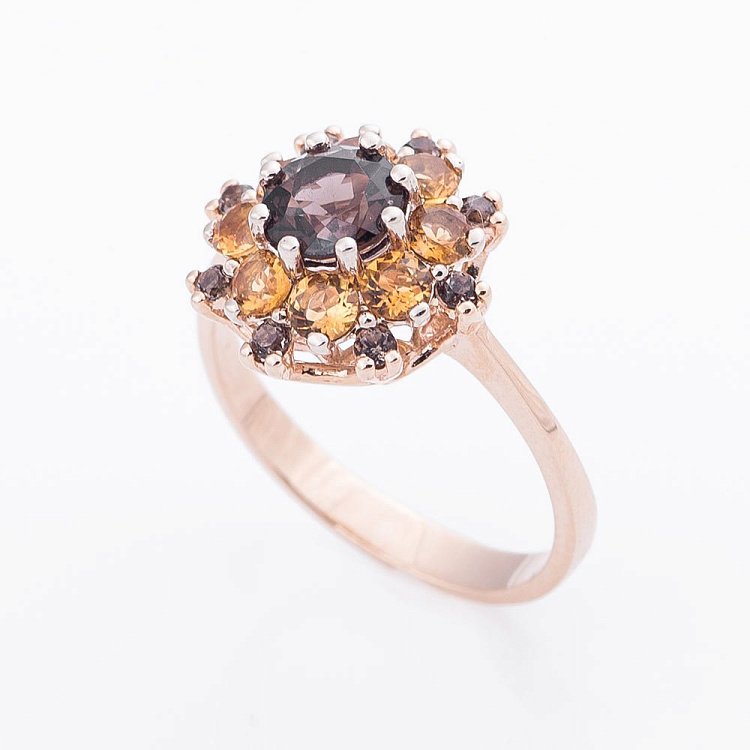 Золотое кольцо "Цветок" с дымчатым кварцем и цитрином 02-1386.0.4250 от ювелирного магазина Оникс