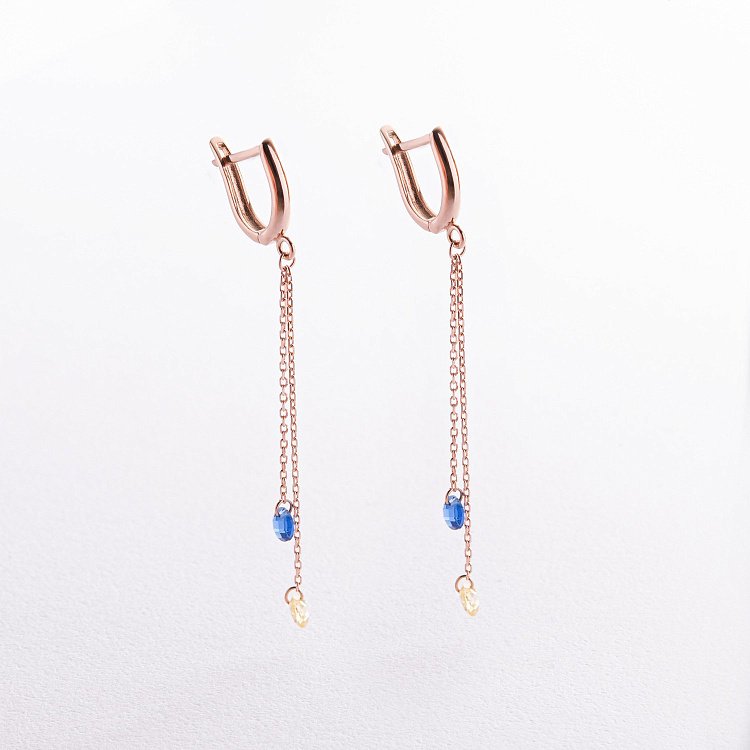 Висячие золотые серьги "Украинка" (голубые и желтые фианиты) с08384 от ювелирного магазина Оникс