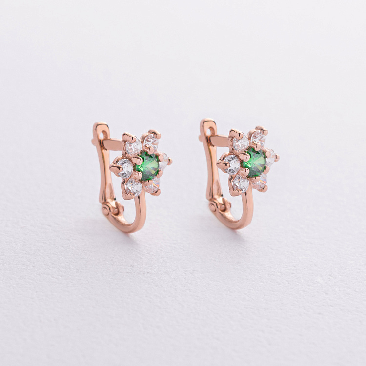 Детские золотые сережки "Цветочки" с зелеными фианитами с03612 от ювелирного магазина Оникс