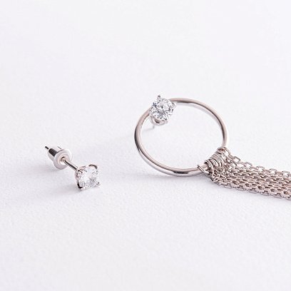 Срібні асиметричні сережки "Домініка" з фіанітами 123182 №3