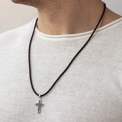 Крест в белом золоте (черные фианиты) п03491 №2