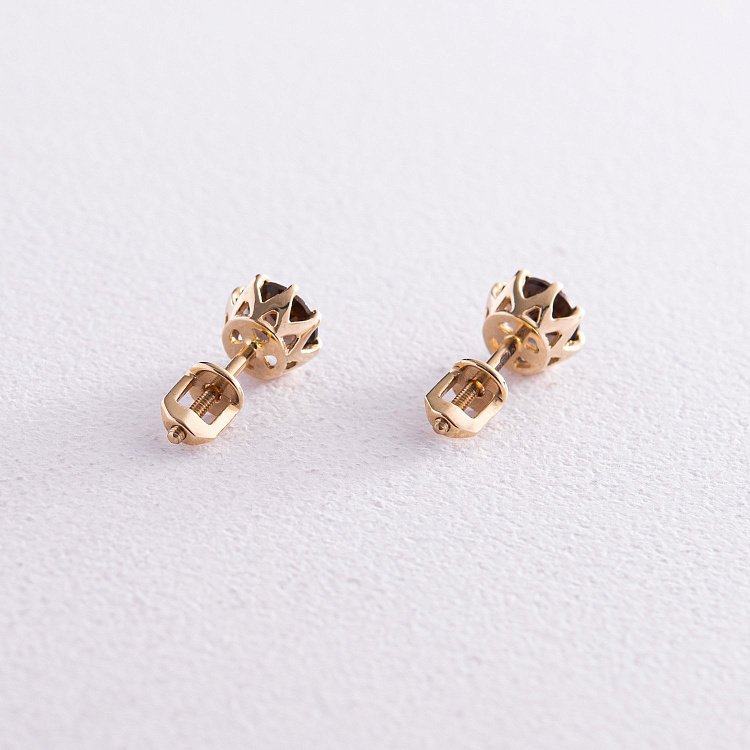 Золотые серьги - пусеты с дымчастым кварцом с06943 от ювелирного магазина Оникс - 2