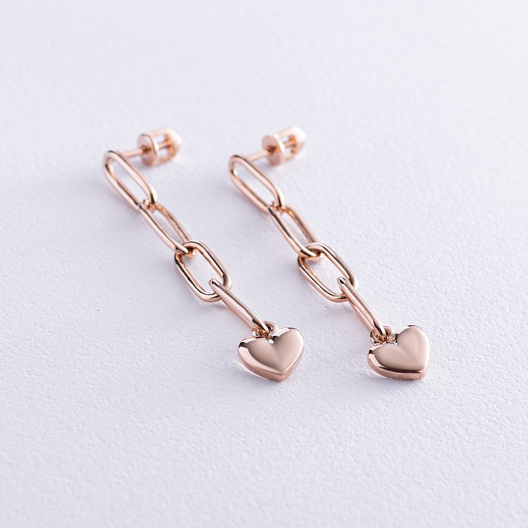 Золотые серьги - пусеты "Сердечки на цепочке" с07905 от ювелирного магазина Оникс