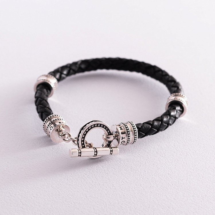 Шкіряний браслет "Тогл" з срібними вставками t0031 від ювелірного магазину Онікс