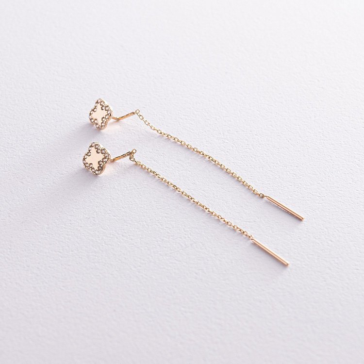 Сережки - протяжки "Конюшина" в жовтому золоті (фіаніти) с08158 від ювелірного магазину Онікс - 4