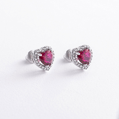 Серебряные серьги - пусеты "Сердечки" с синт. рубинами и фианитами 2477/1p-RUBY №2