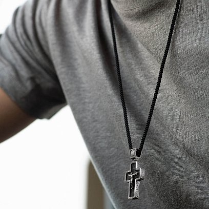 Срібний хрест "Розп'яття. Спаси і Збережи" з ебеновим деревом mini 1053 №6