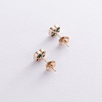 Cерьги - пусеты "Клевер" с малахитом mini (желтое золото) с08407 №5