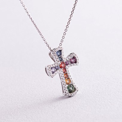 Золотое колье с крестиком (разноцветные сапфиры и бриллианты) колб0100mi №3