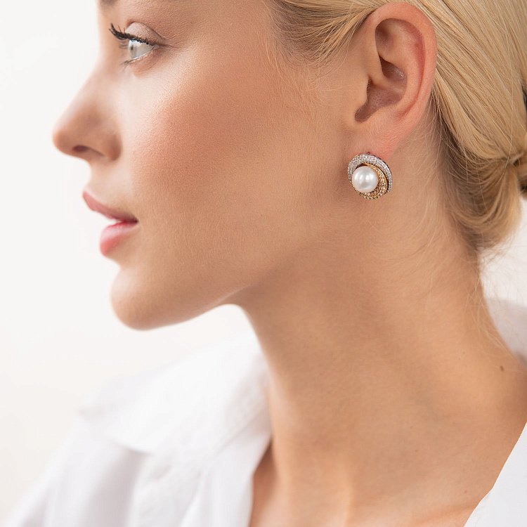 Золотые серьги "Круговорот" с бриллиантами и жемчугом c1531 от ювелирного магазина Оникс - 7