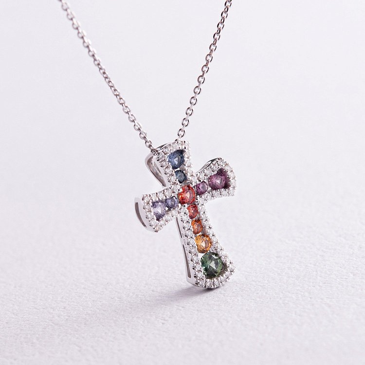 Золотое колье с крестиком (разноцветные сапфиры и бриллианты) колб0100mi от ювелирного магазина Оникс - 2