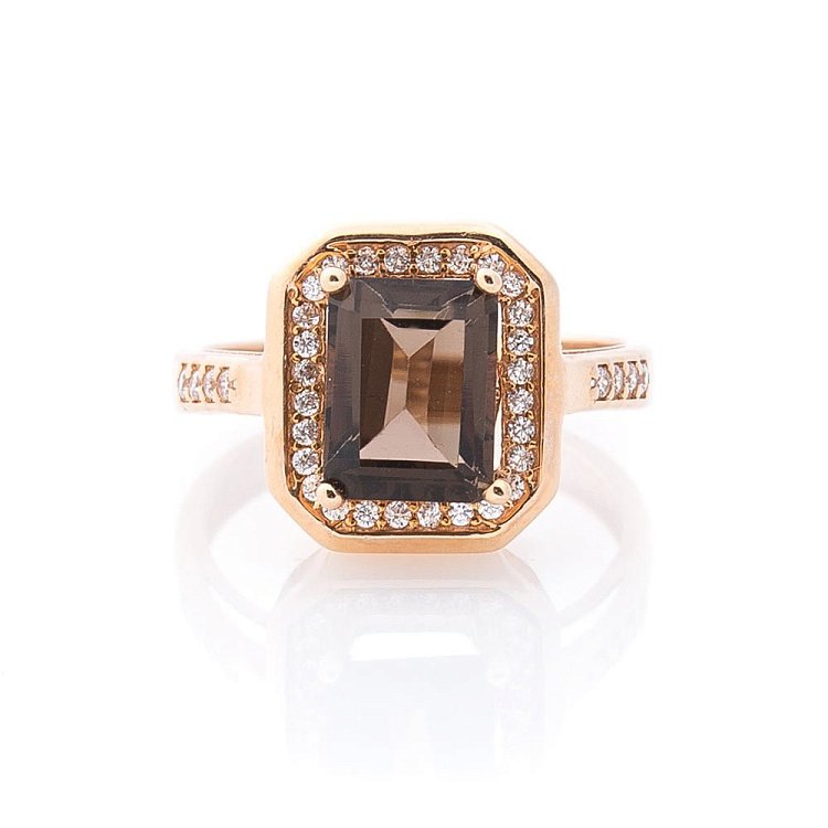 Золотое кольцо (дымчатый кварц, фианиты) к03586 от ювелирного магазина Оникс - 2