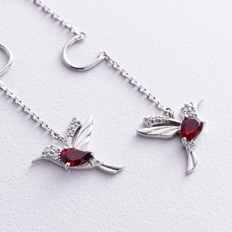 Срібні сережки - протяжки "Колібрі" (фіаніти, піроп) GS-02-189-4110 від ювелірного магазину Онікс - 1