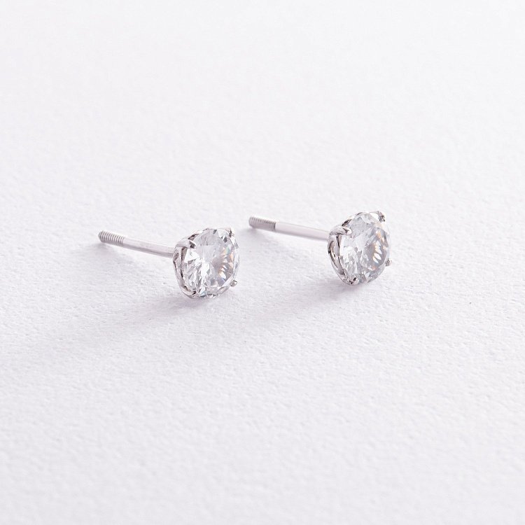 Сережки - пусети "Сердечки" у білому золоті (фіаніти) с06889 від ювелірного магазину Онікс - 2