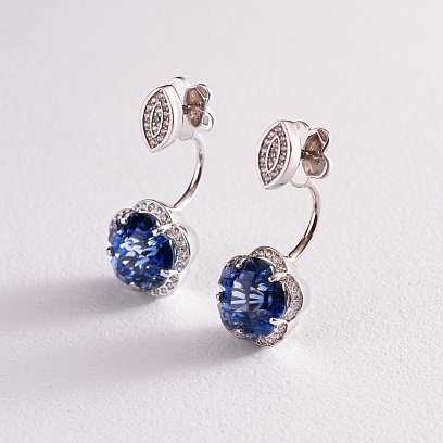 Золоті сережки - джекети "Квіточки" з синіми сапфірами с1005