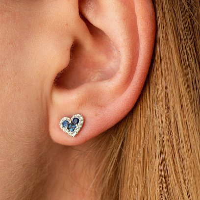 Золотые серьги - пусеты "Сердечки"  (бриллианты, сапфиры) сб0523cha №4