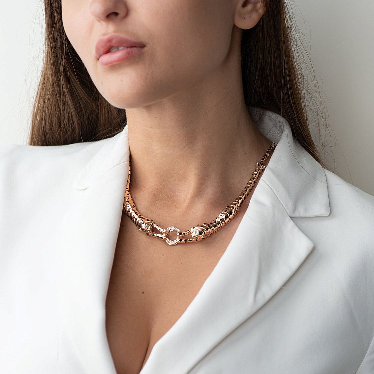 Колье "Пантеры" в красном золоте (фианит, эмаль) кол01725 от ювелирного магазина Оникс - 1