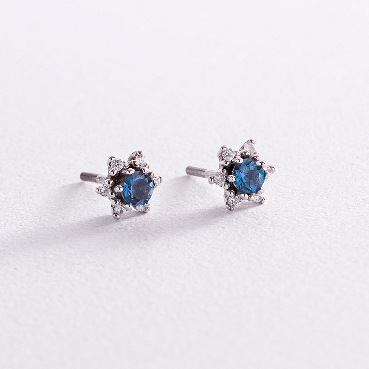 Золоті сережки - пусети (топаз "Лондон блакитний", фіаніти) с01925 від ювелірного магазину Онікс - 2