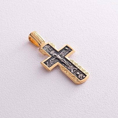 Срібний православний хрестик "Розп'яття Христове. Деісус. Ікона Божої Матері "Всецариця". Вмч. Пантелеймон" 133153