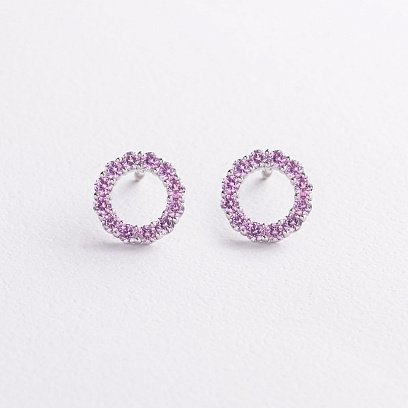 Серебряные серьги - пусеты с розовыми синтетическими сапфирами 2689/1р-PSPH №2