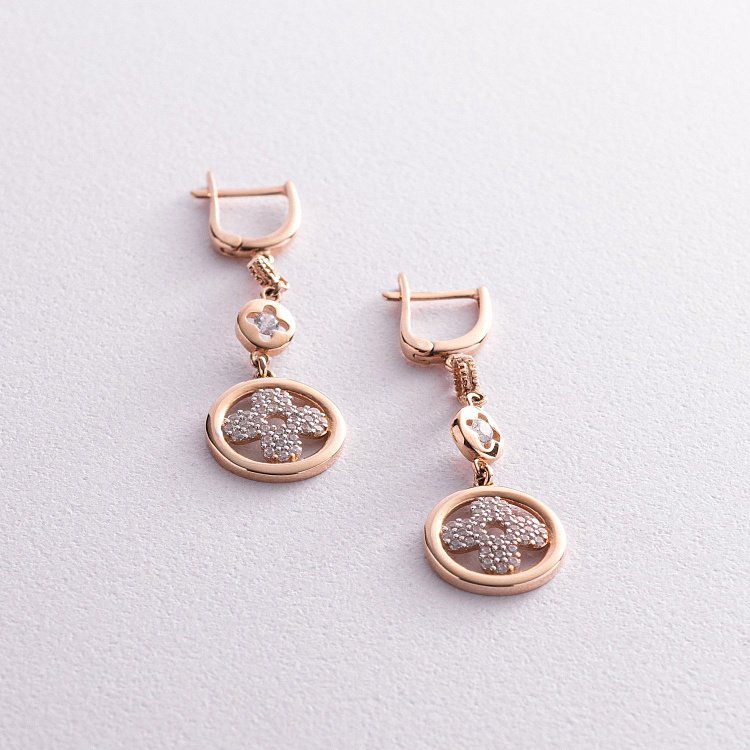 Золотые серьги "Клевер" с фианитами с04835 от ювелирного магазина Оникс - 2