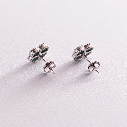 Серебряные серьги - пусеты "Клевер" с малахитом 121815 №3