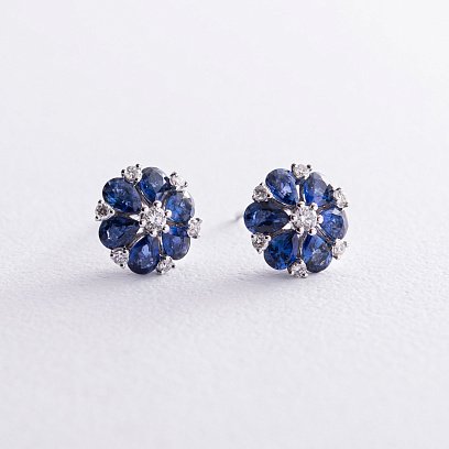 Золоті сережки - пусети "Квіточки" з діамантами і сапфірами сб0473gm