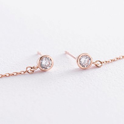 Золоті сережки - пусети на ланцюжку (фіаніти) с07249 №3