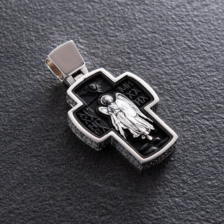 Мужской православный крест "Спас Нерукотворный. Архангел Михаил" из эбенового дерева и серебра 1052 от ювелирного магазина Оникс - 11