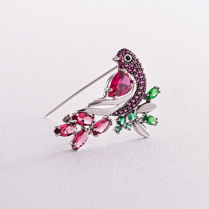 Серебряная брошь "Райская птица" с разноцветными фианитами 452